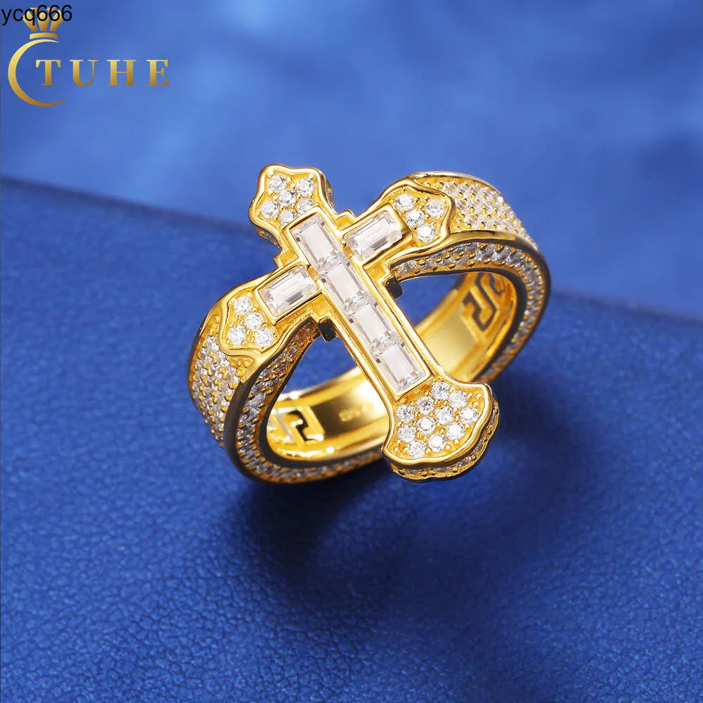 Nya hiphoprappare smycken passera diamanttestare 925 Sterling Silver VVS Baguette Moissanite Diamond Iced Out Cross Ring for Men