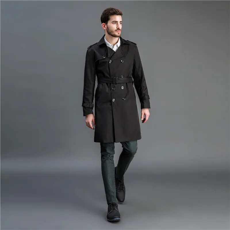 Men's Long Trench Coat Double Breasted Spring Autumn Male Windbreaker Black Khaki Lapel England Style Going out for Business