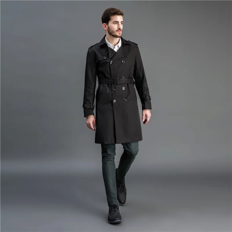 Langer Trenchcoat für Herren, zweireihig, für Frühling und Herbst, Windjacke, Schwarz, Khaki, Revers, England-Stil, geschäftlich unterwegs