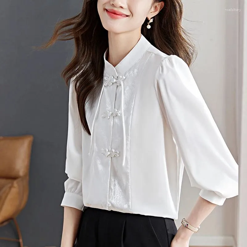 Kvinnor Bluses Satin Shirts Spring/Summer Chinese Style Patchwork Loose Clothing Fashion Silk Vintage Women Tops Ycmyunyan