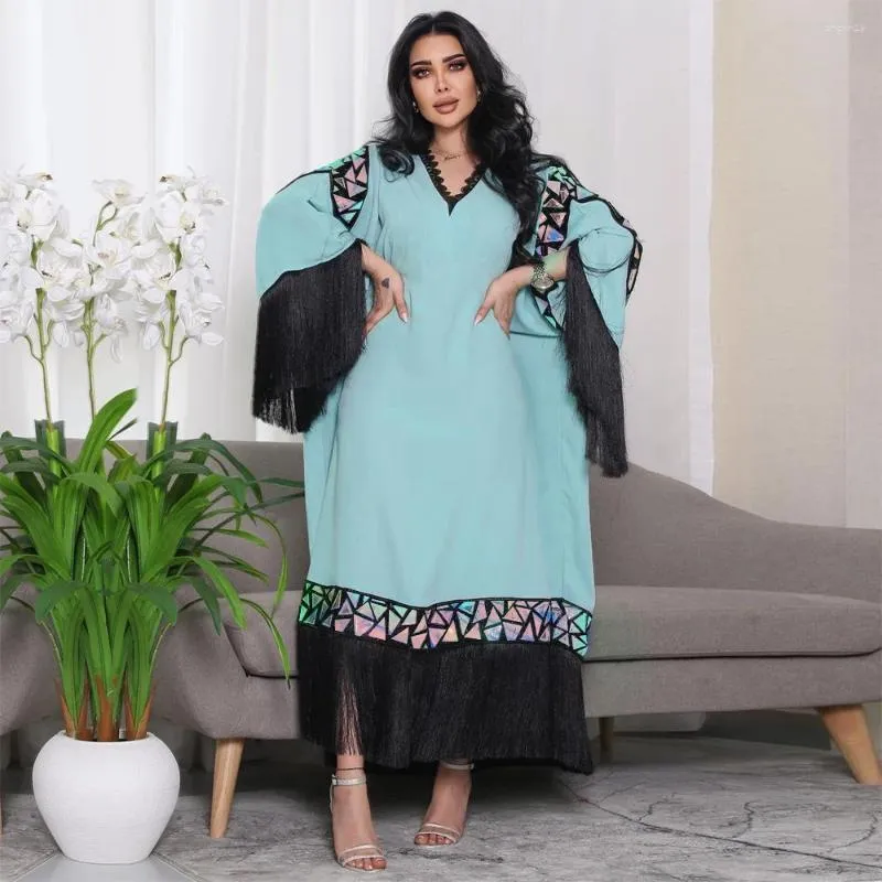 Ubranie etniczne Dubai Abaya Kaftan Tassel cekiny kontrastowe kolor patchwork Flare Sleeve V-dół maxi luźne arabskie sukienki