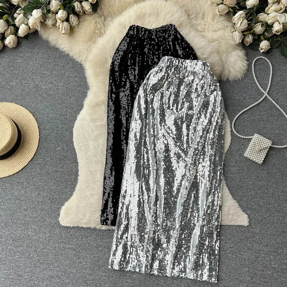 Women Glitter paljetter Hög midja Sexig kjolfest mode vintage a-line svarta silver kjolar goth vår sommarkläder 240113