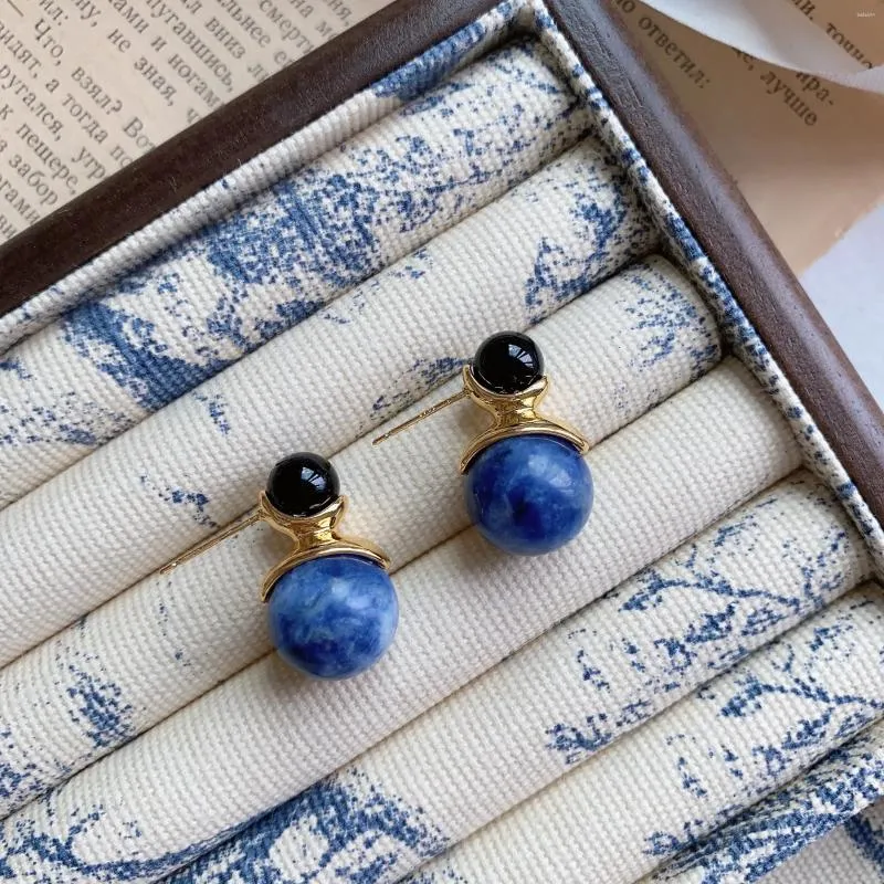 Boucles d'oreilles pendantes pour femmes françaises, élégantes, Ins Lapis Lazuli, rétro, Simple, Double perle, boule bleue délicate, Style chinois