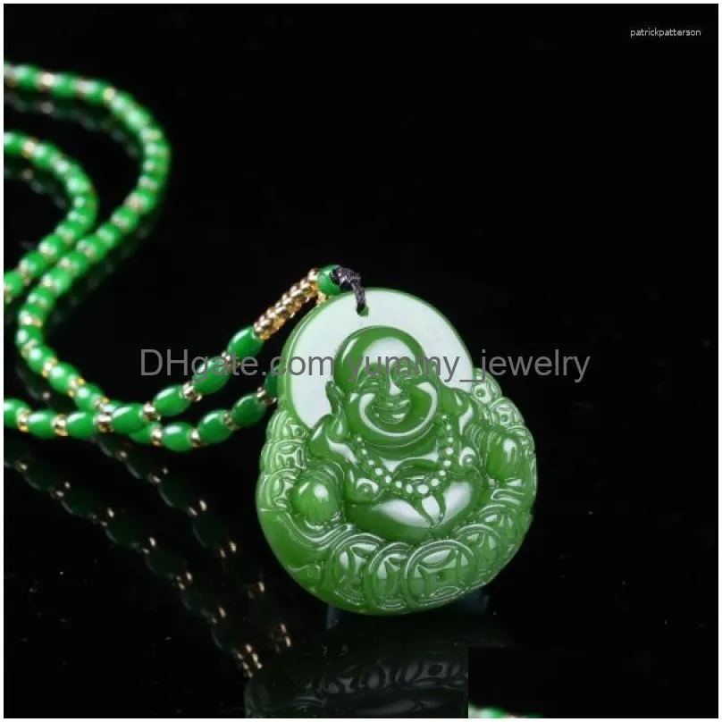 Collane con ciondolo Giada verde cinese Soldi Collana Buddha Gioielli con ciondoli Accessori moda Intagliato a mano Uomo Donna Fortuna Amet Goccia D Dhhxj