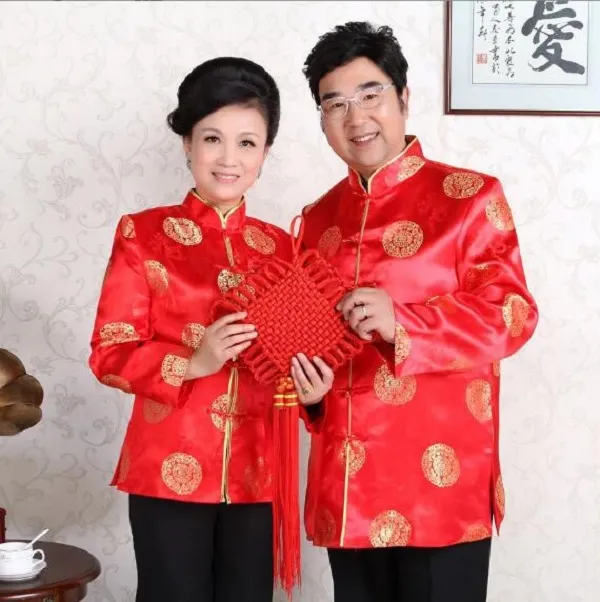 Vendita all'ingrosso nuovo stile cinese uomo donna giacche in raso ricamato vestito di linguetta manica lunga top compleanno festa di capodanno cappotto casual
