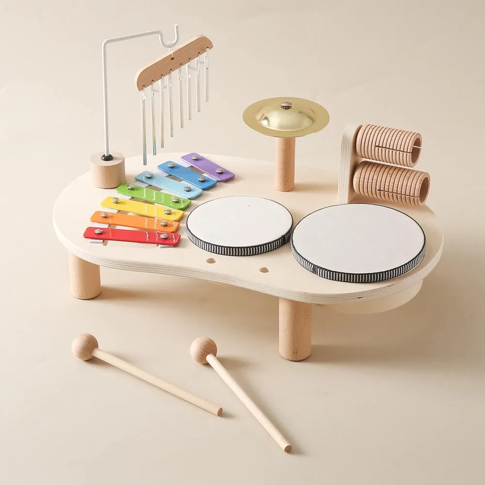 Bebê aeolian sinos chocalho montessori brinquedos educativos crianças musicais tambor kit música mesa instrumentos de madeira 240124