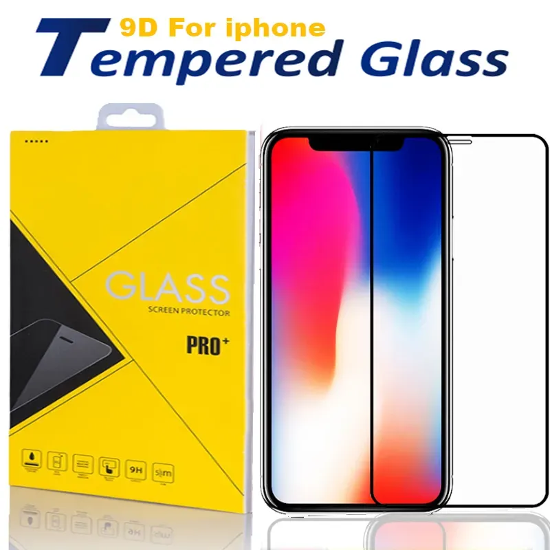 Protectores de pantalla Vidrio templado para iPhone 15 Pro Max 14 13 12 11 Pro Xs Max X XR 8 Samsung 9H Pegamento de cubierta completa con paquete minorista LL