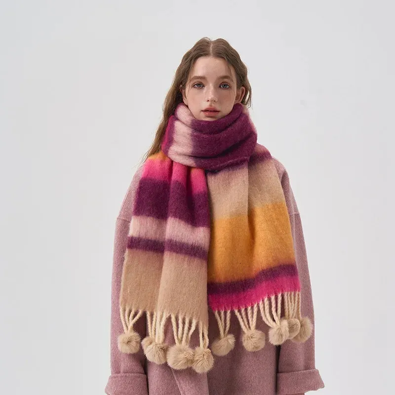 Handgemaakte wollen bal sjaal kleurrijke regenboog gestreept mohair kasjmier winter verdikte sjaal nekband warme sjaal paren accessoires 240112