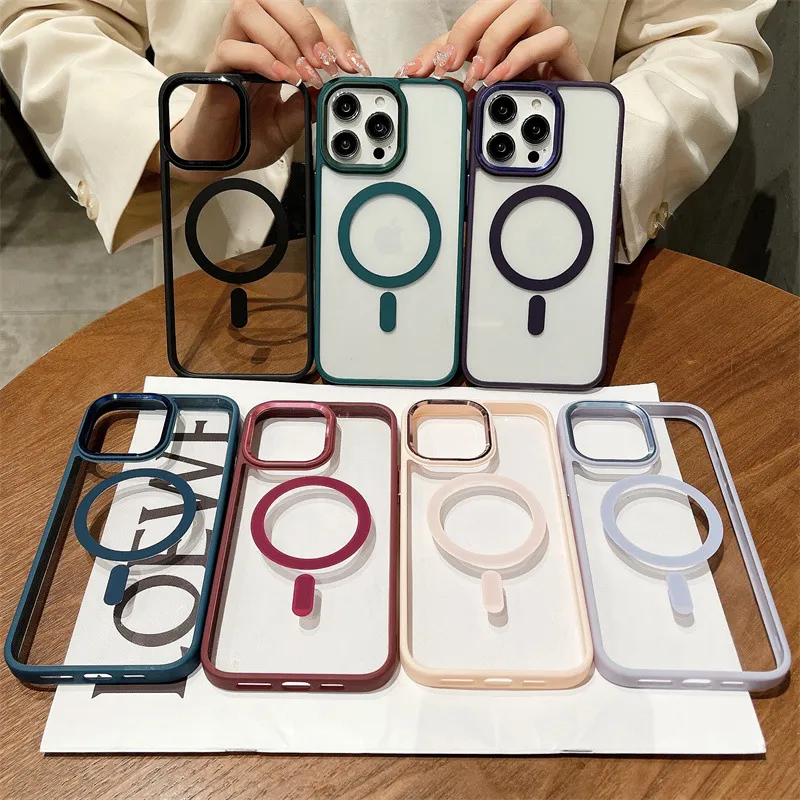Hot-Selling Electropated Acrylic Magnetic Transparent stötsäkert telefonfodral för iPhone 15 14 13 12 11 Pro Max Cases Back Cover med OPP Bag