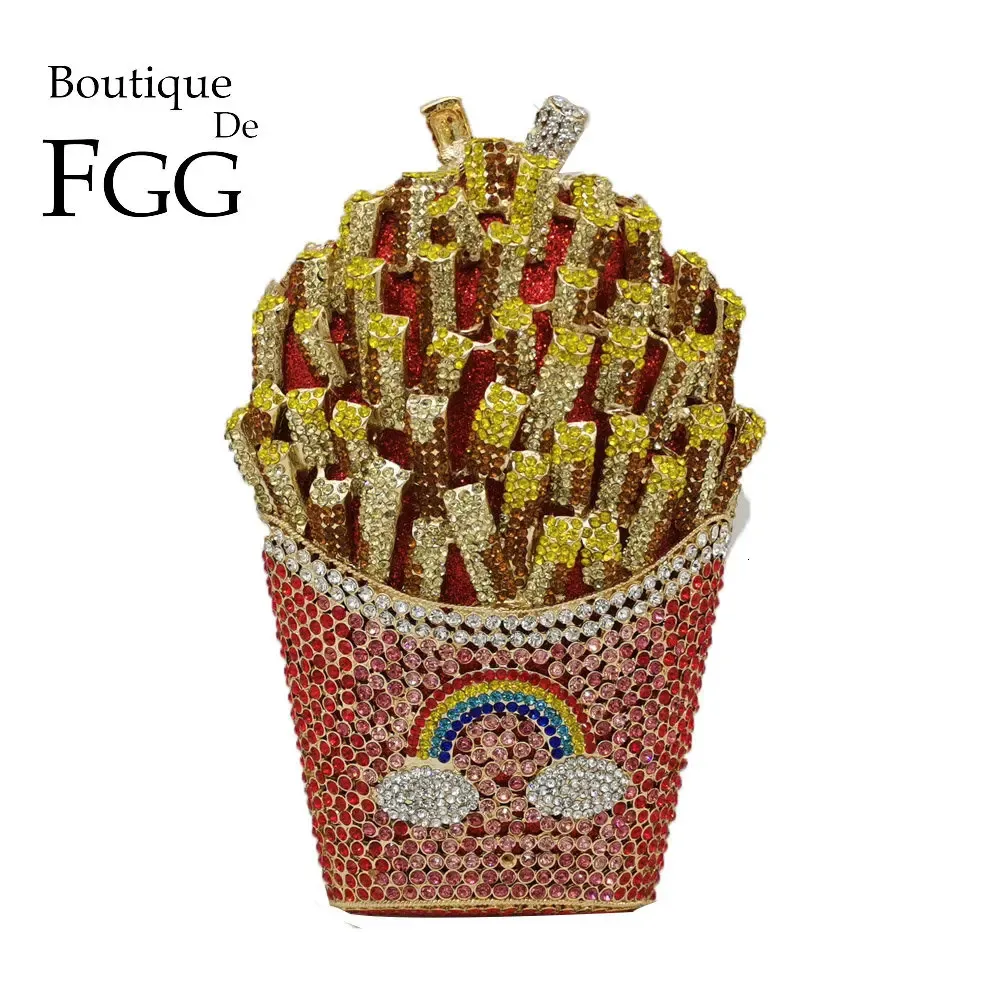 Boutique de fgg French Fries Chips Rainbow Clutch Minaudiere Bag Women Crystal Evening Bag Diamond Wedding Handbag Bridal Purse 240112