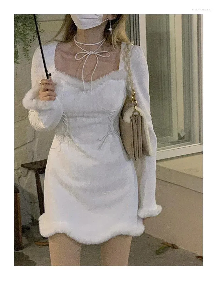 Casual Dresses Sweet White BodyCon for Women 2024 Vestidos de Mujer Square Collar Long Sleeve Tunic Robe Femme Chic Bandage Mini Dress