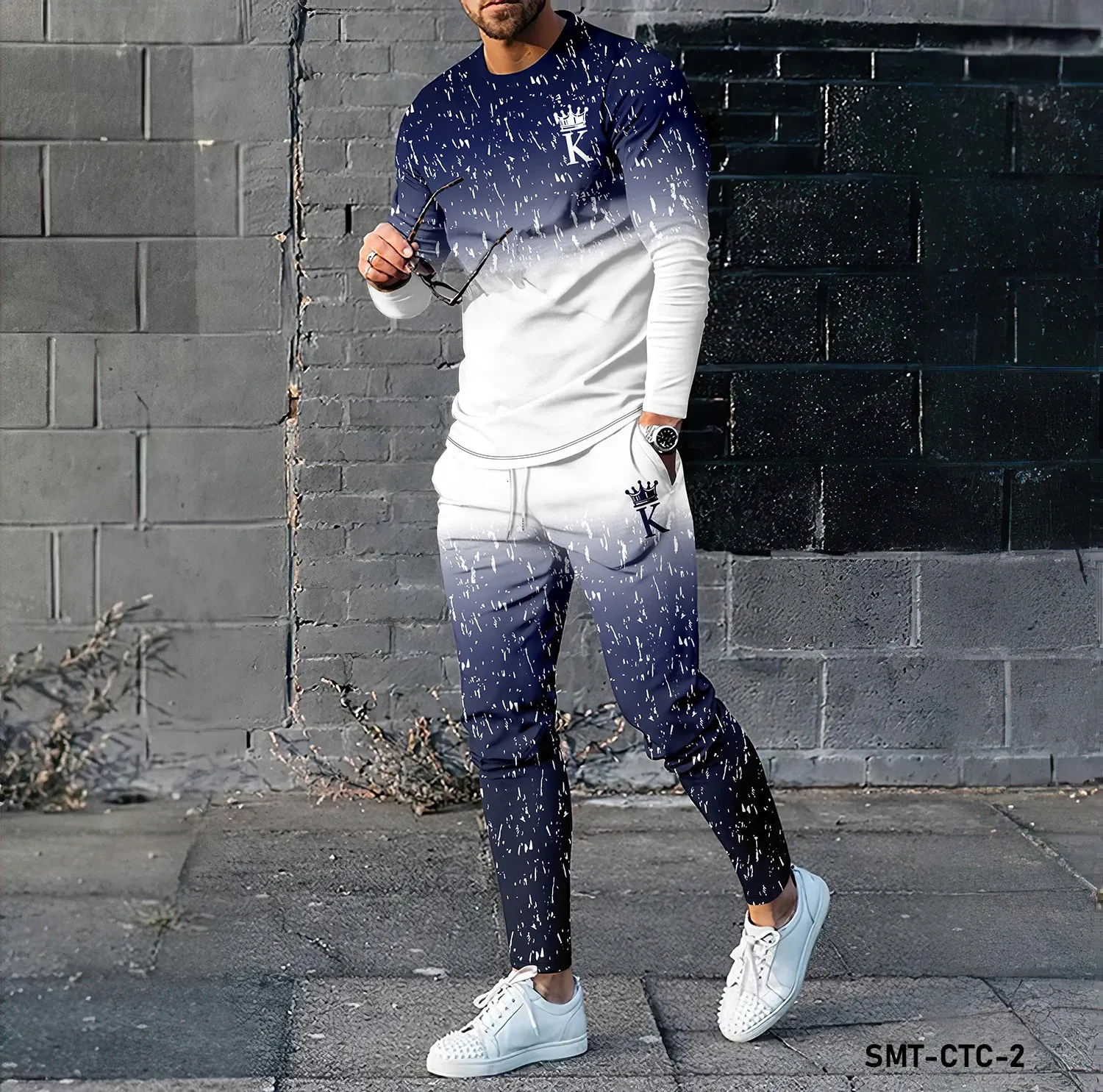 Мужская футболка с длинным рукавом и брюками с 3D-принтом KING, комплект модной одежды в сочетании с большой толстовкой, комплект из двух предметов 240112