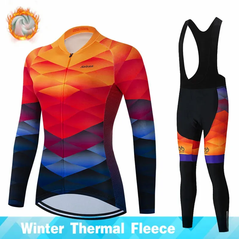 2023 Salexo Panno Morbido di Inverno Ciclismo Jersey Donne Vestiti A Maniche Lunghe Pantaloni Con Bretelle Set MTB Ropa Ciclismo Caldo Triathlon Vestito 240112