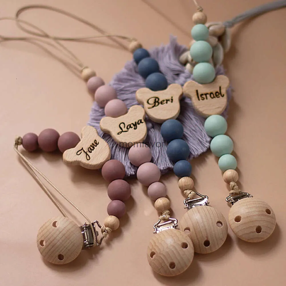 New Baby Teethers Toys Name Custom Wooden Baby Baby Pacifier Chain Silicone Bead Dummy Nipple Holder Host