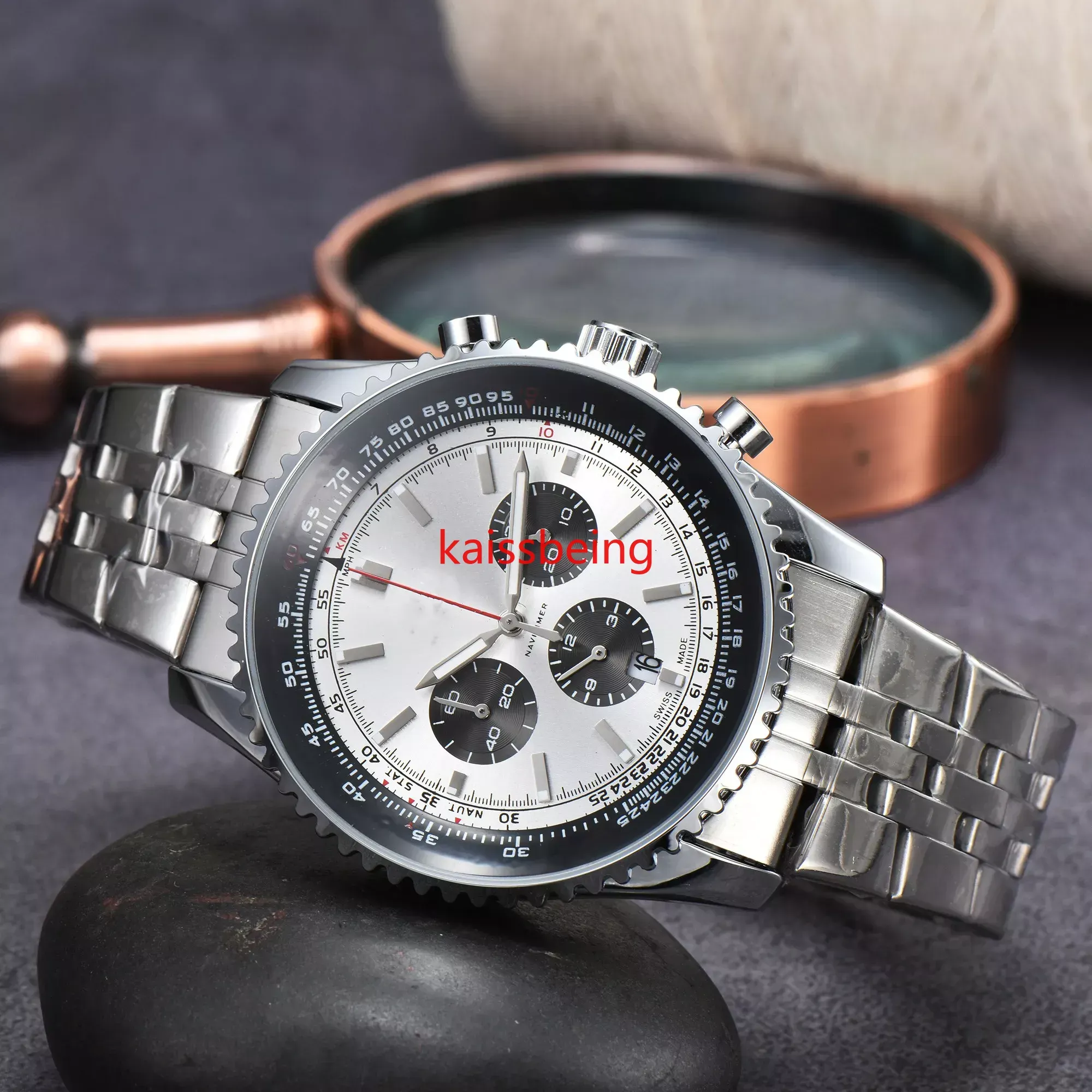 147 luxo masculino liga de couro pulseira de aço sólido seis agulha multi-função relógio de quartzo com função calendário negócios lazer lei