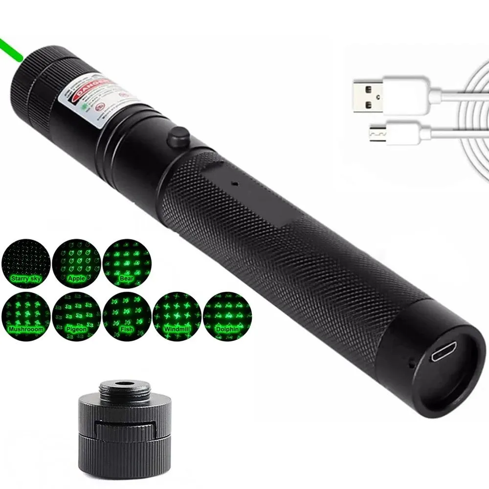 Pointeurs 8 en 1, pointeur laser vert haute puissance, 10 000 m, batterie intégrée, correspondance de torche laser réglable, combinaison de mise au point