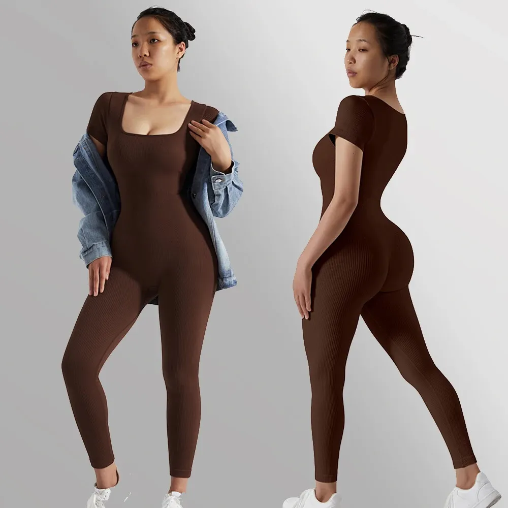 Kvinnor Ribbed Jumpsuits Outfits Short Sleeve Operting Jumpsuit Sportwear Mujer Sexy Rompers Bodycon Bodysuit 240112