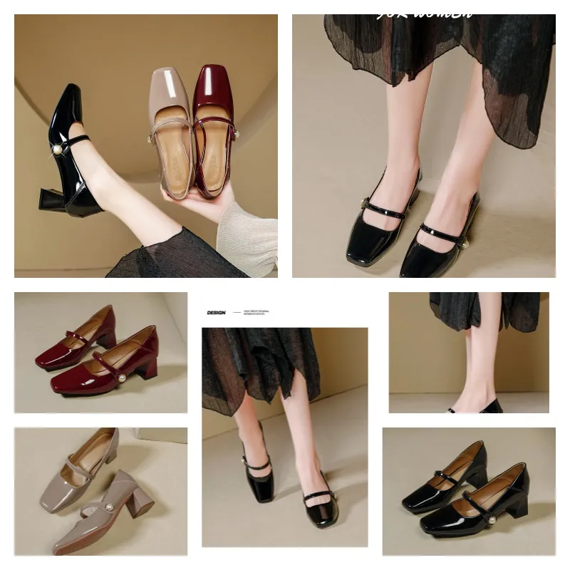 2024 Summer New Rivet High-heeled Nude Color Patent Leather Shallow Mouth Rivets Pointed Toe Stiletto Sexy Casual Shoes for Women