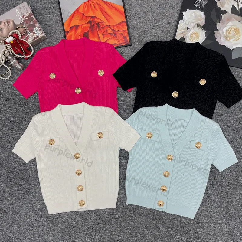 Fashion Sweater Women V Neck Pullover Knitwear Casual Button Short Sleeved Girls 4 Color Knitted Tops