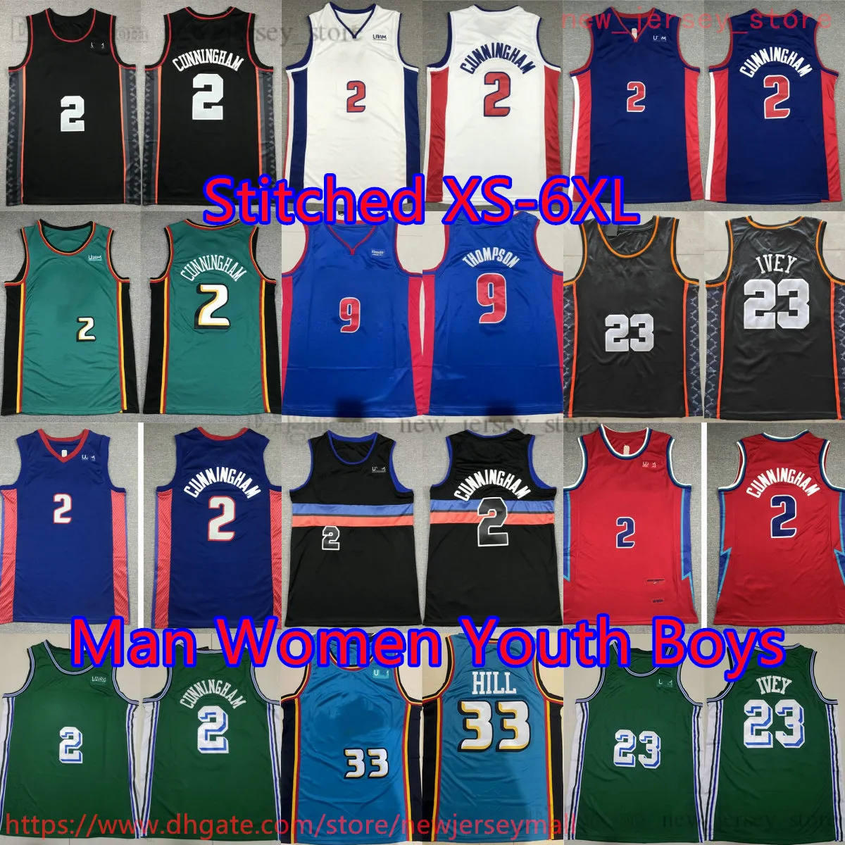 Niestandardowy S-6xl Basketball 2 Cadecunningham Jersey 2024 Nowe miasto zszyte 23 Jadenivey 9 Ausarthompson koszulka niebieska biała domy retro oddychające koszule sportowe