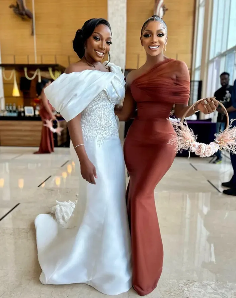 simple brown bridesmaid dresses One Shoulder Chiffon Long Bridesmaid Dress with Slit