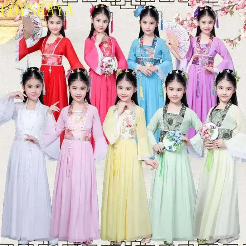 Stage Wear Amateurs de danse traditionnelle en Chine Vêtements pour enfants Hanfu Rouge Rose Ciel Bleu Blanc Halloween Fille