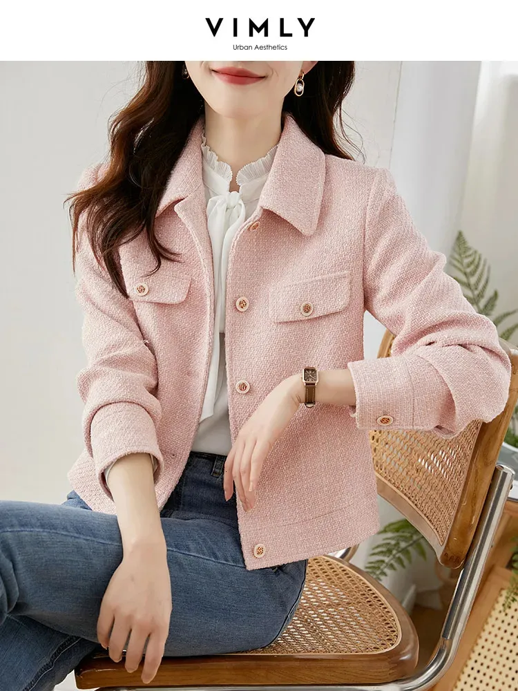VIMLY chaqueta recortada de Tweed con textura rosa para mujer, abrigo corto de otoño e invierno con solapa, prendas de vestir exteriores de manga larga, ropa femenina V7669 240112