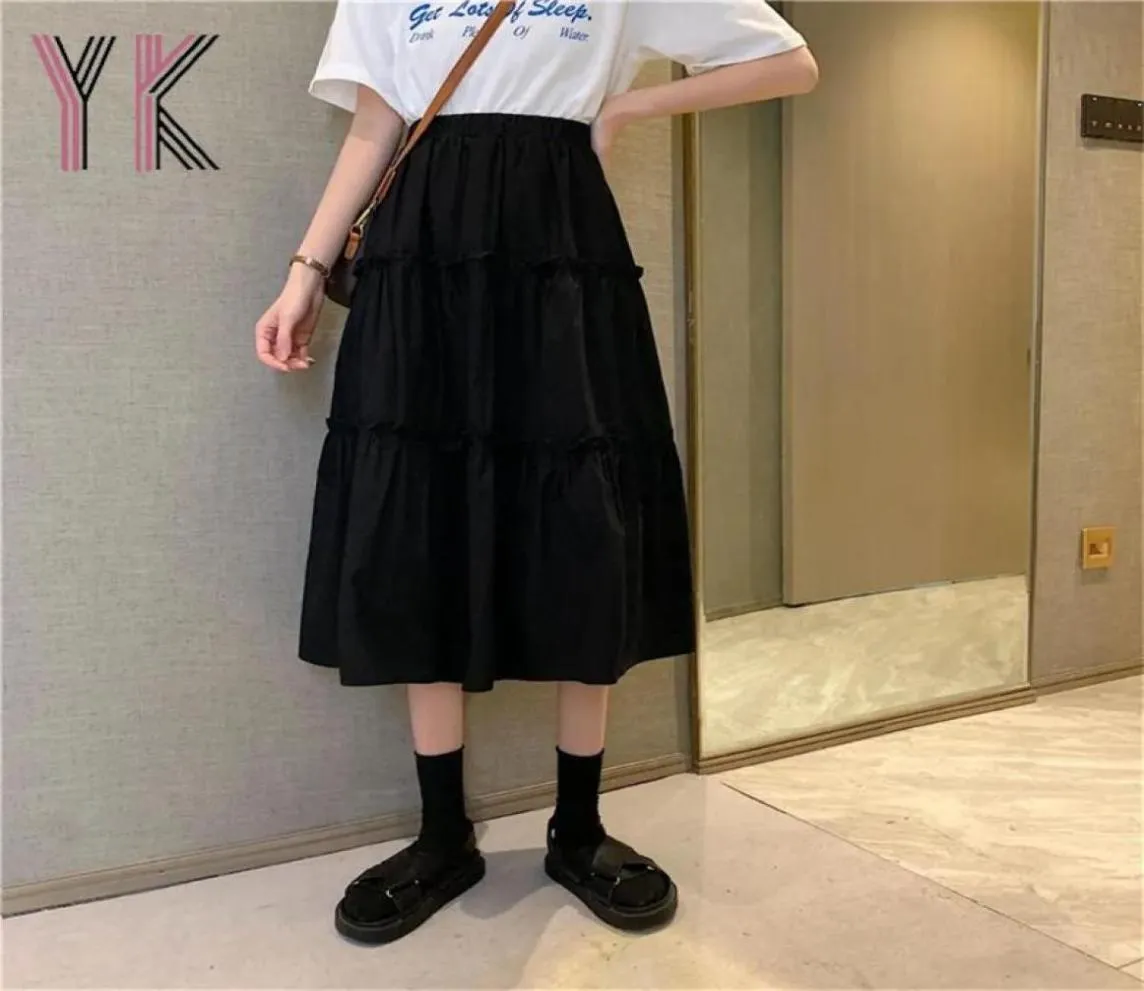 Skirts Wood Ear Trim Stitching White Pleated Long Cake Skirt Summer Black Fashion Kawaii Harajuku Midi ALine Korean Wild Saia9492386