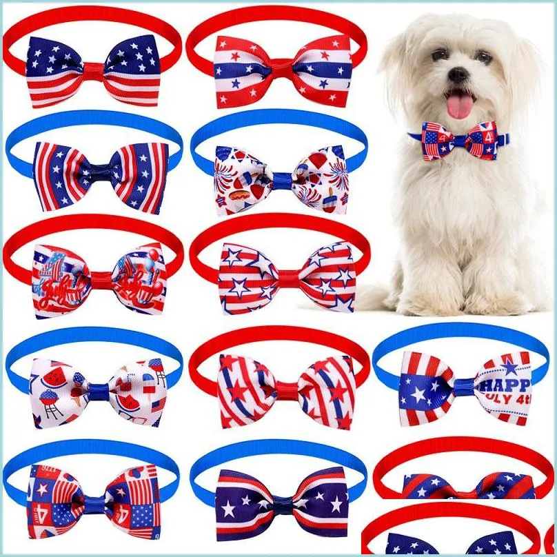 Hundkläder Tillbehör 12 Designs Independence Day Pet Bow Tie Patriotic Cat Justerbar Star and Stripes Collar 4th of Jy Small Pets D Dhnqw