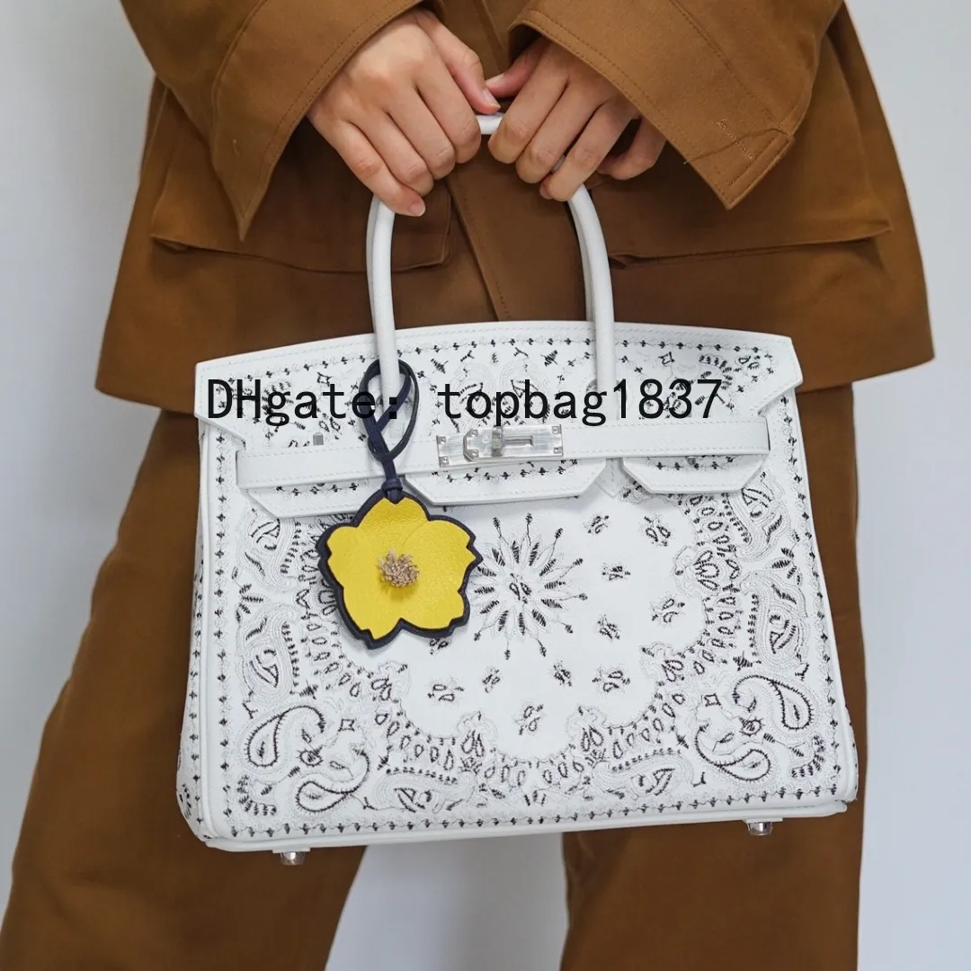 Designer tote bag 30cm 10A mirror quality white total Handmade Embroidery Limited style handbag cloth patchwork special customized style with original box