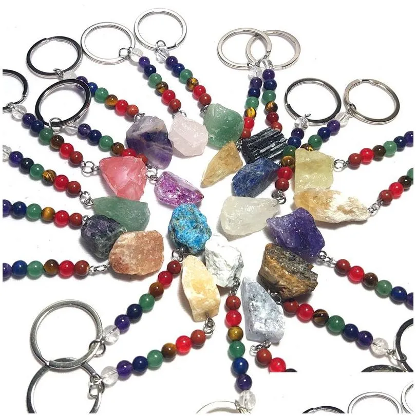 Porte-clés en pierre brute de mode 7 couleurs Chakra Perles Chaîne Pendentif Porte-clés Pierres de Quartz Naturel Rose Cristal Porte-clés Drop Livraison Dhnqd