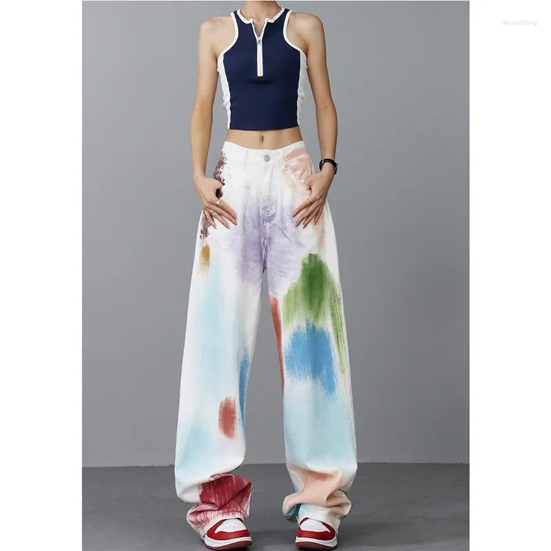 Jeans pour femmes Femmes Blanc Streetwear Taille haute Pantalon à jambes larges Couleurs contrastées Tie-dye Vintage Femelle 2024 Printemps Pantalon droit