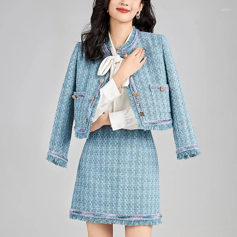 Robes de travail hiver jupes élégantes ensembles pour femmes 2 pièces veste à manches longues manteau et mini jupe bureau dame 30% laine tweed deux pièces ensemble