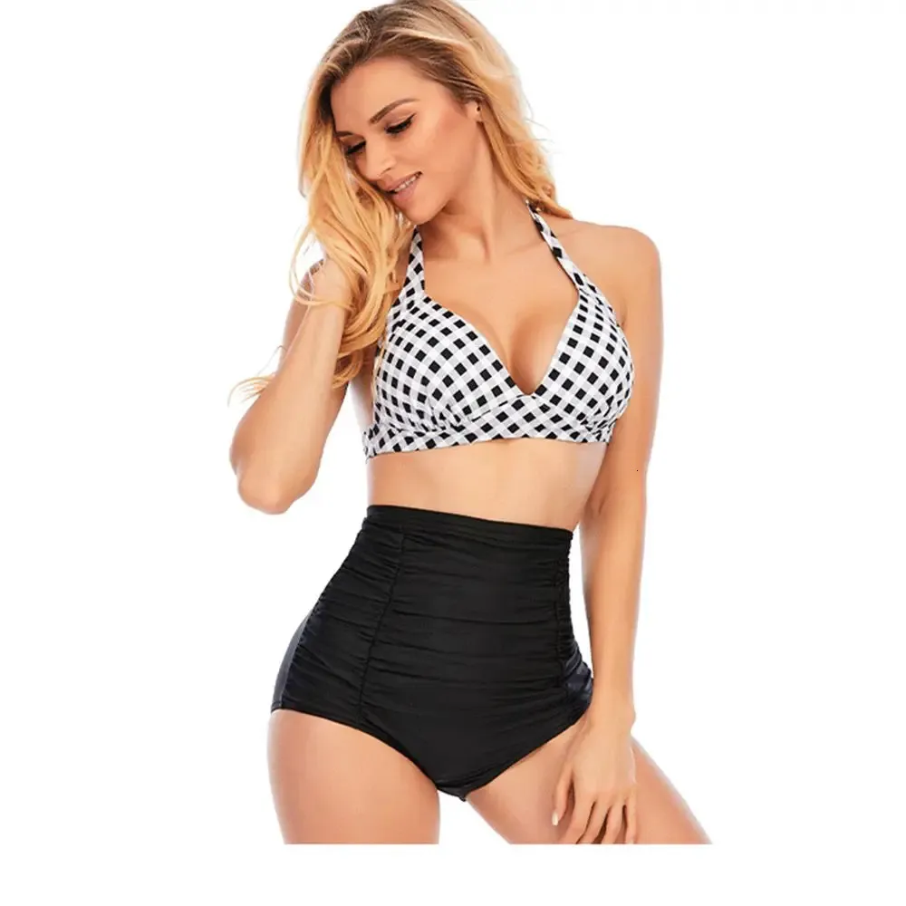 13 Colors Cute Halter Bikini Set Women High/Low Waist Sexy Swimwear Two Pieces Bandage Solid/Plaid Breathable Bathing Suit 240112