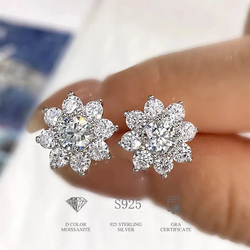 DW 05CT diamant fleur boucles d'oreilles pour femmes réel 925 en argent Sterling Solitaire bijoux de fête de mariage 240112