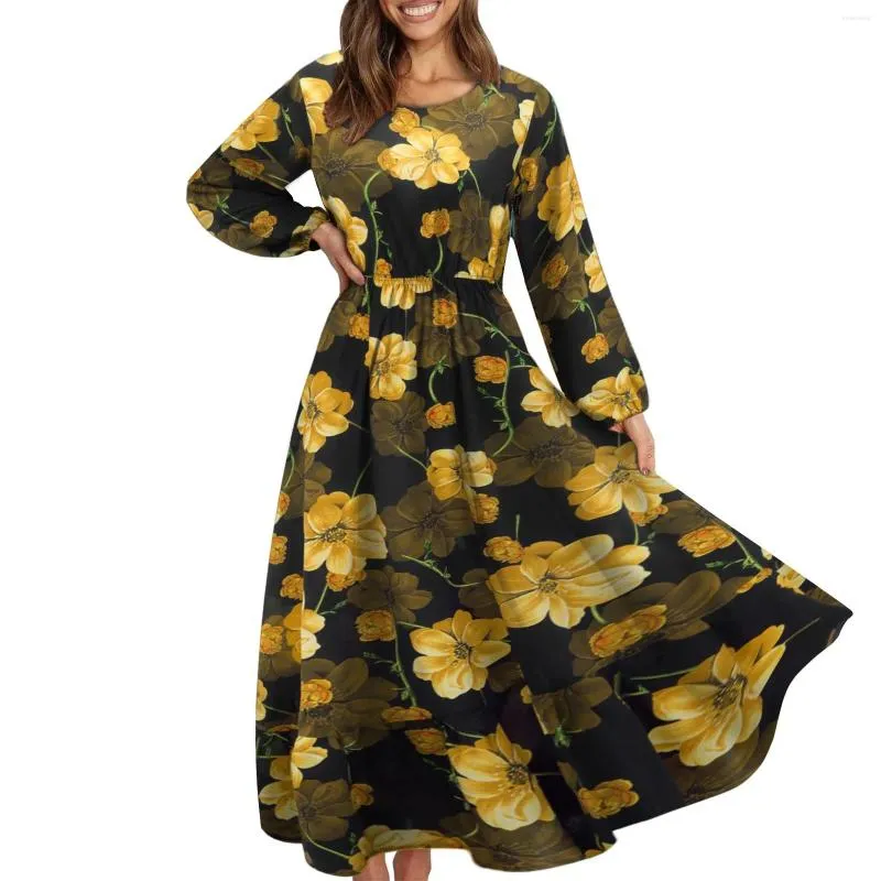 Freizeitkleider Damen Blumendruck Langarm Abgestuftes Kleid mit Rüschensaum Ausgestelltes, fließendes Maxi-Rundhals-Taillenrock Femme Robe