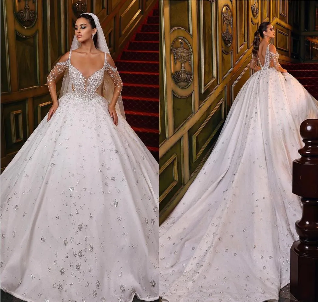 Lindo vestido de baile vestidos de casamento cinta de espaguete mangas compridas vestidos de noiva sem costas lantejoulas apliques tribunal trem vestido feito sob encomenda