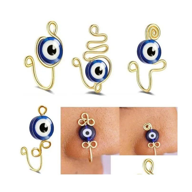 Nose Rings & Studs Evil Eye Nose Rings Non Piercing Fake Piercings Clips For Women Men Turkish Eyes Protection Luck Gold Plated Cuff Dhyze