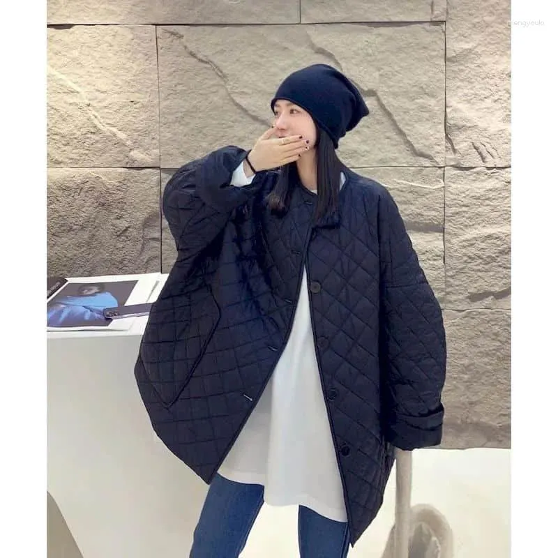 Trench da donna trapuntato da donna in cotone leggero rombico aggiunto stile coreano O-collo giacche oversize abiti invernali vintage casual