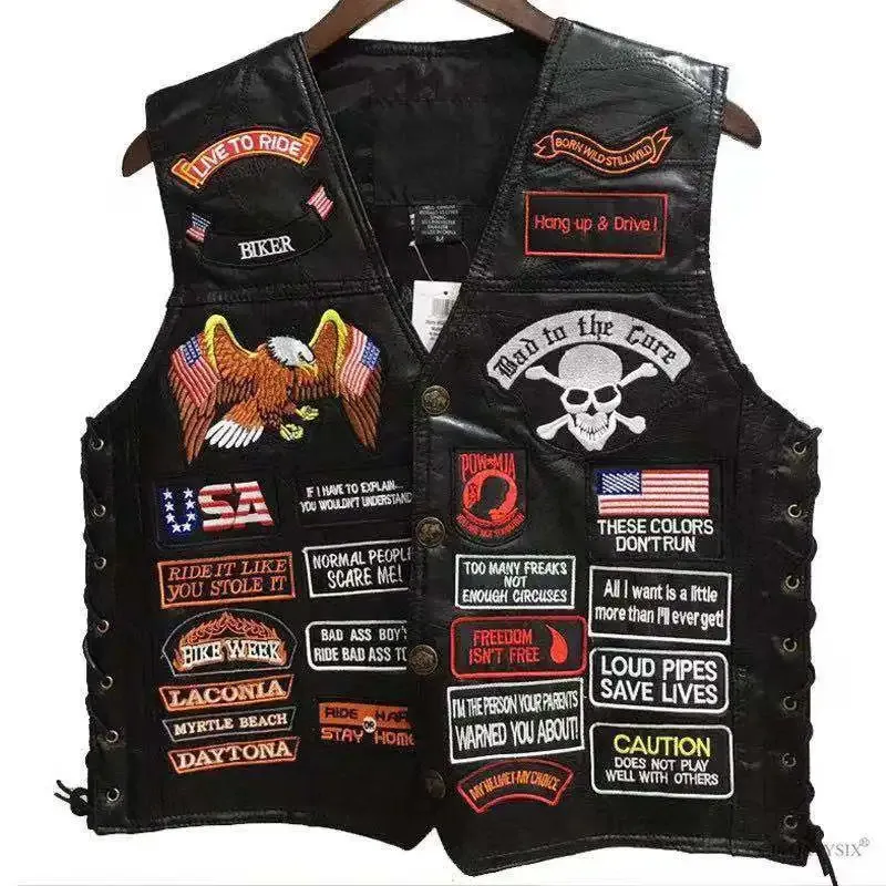 Men's Motorcycle Leather Vests Short Single Breasted 42 Patches Fashion Embroidered Sleeveless Jacket Punk Vest for Men 240113