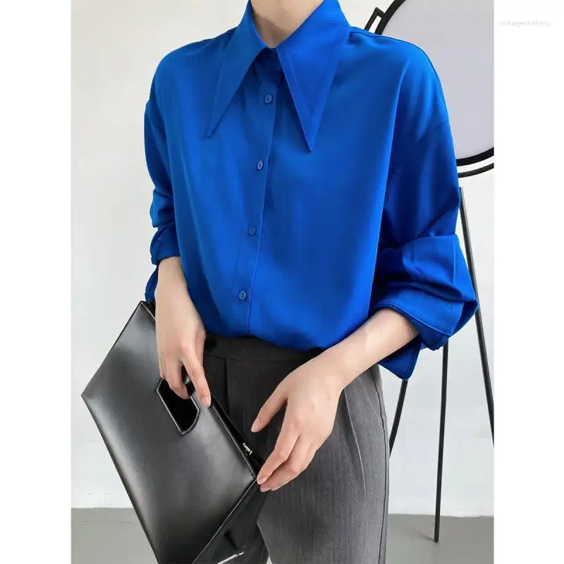 Women's Blouses Temperament Solid Color Pointed Collar Shirt Autumn 2024 High Quality Chic Ladies Shirts Simple Loose White Top