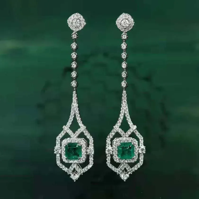 Ruzzallati Vintage Antika Laboratuar Emerald Takı Gümüş Renk Tasarım Uzun Damla Küpe Kadınlar için Dangler Hediyesi 240113