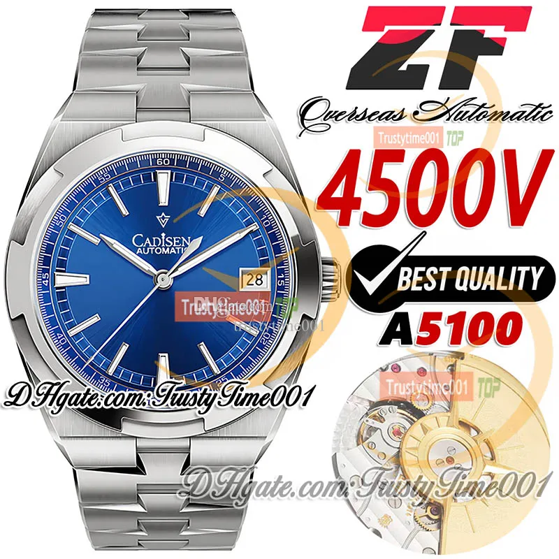ZF Overseas 4500V Ultra-Thin A5100 Automatisk mekanisk 41mm MEN-MENSKLIGA BLÅ DIAL Stick Markers Rostfritt stål SS-armband Super Edition TrustyTime001 Watches