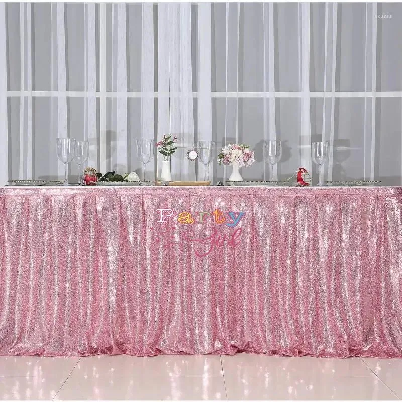 Table Skirt Pink Glitter Shinny Rectangle Sequin Poly Tablecloth Skirting For Wedding Event Party Decoration