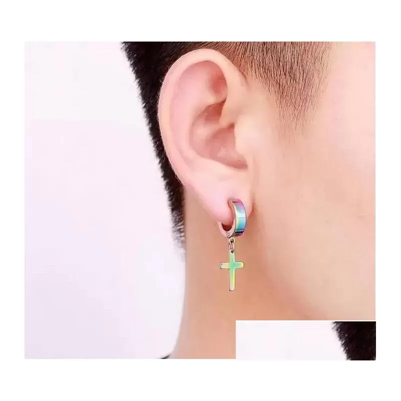 Dangle Lustre Allergie Croix Oreille Fermoir Dangle À La Mode Titane Punk Goujons Boucles D'oreilles En Acier Inoxydable Pour Hommes Femmes 4 Couleurs Dr Dhhpt