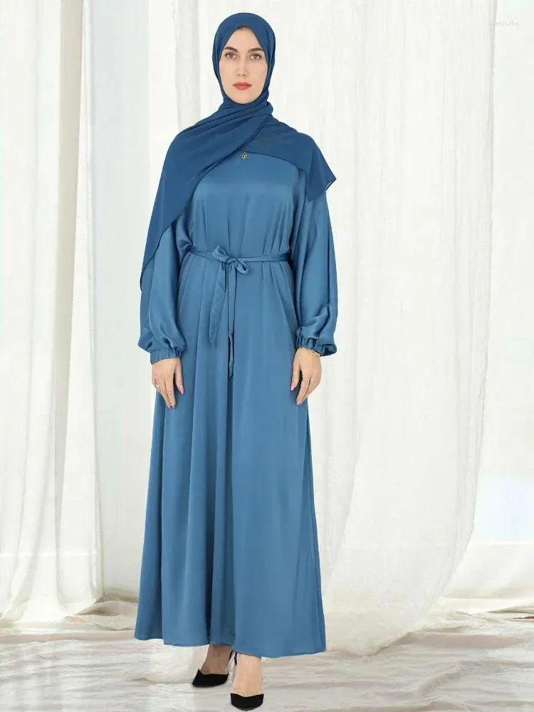 Etnik Giyim Kemerli Kadınlar İçin Katı Abaya İslam Saten Müslüman Elbise Günlük Abayas İç Elbiseler Dubai Mütevazı Mıh