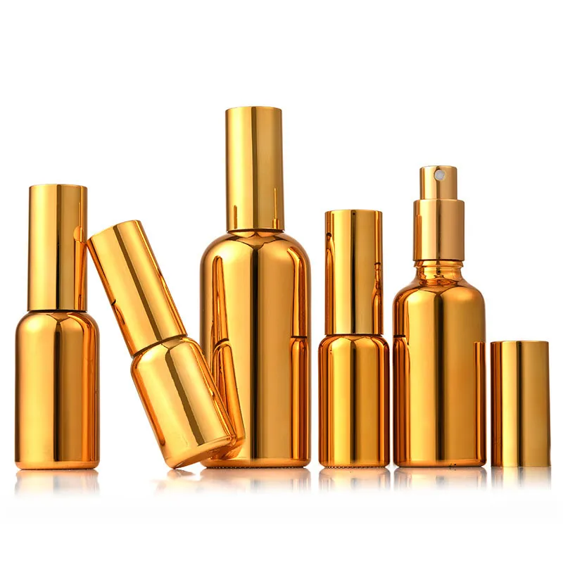 100ml gold pump cosmetic glass essential oil perfume bottles with spray for personal care