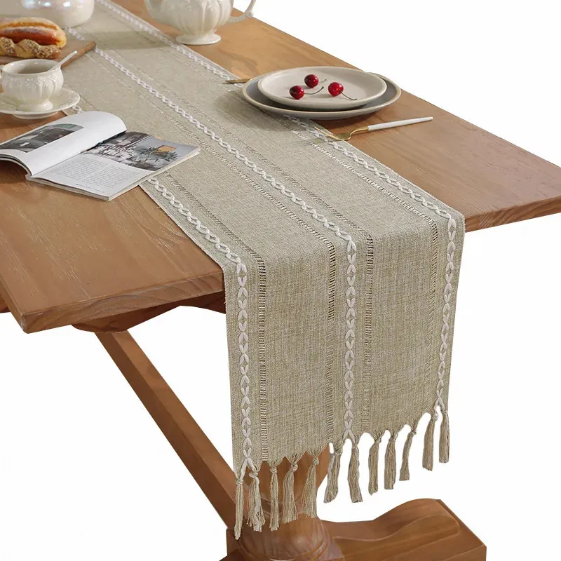 Rustika bordslöpare med handgjorda Tassel Vintage Woven Cotton Linen Runner Long For Party Dining Decoration 240112