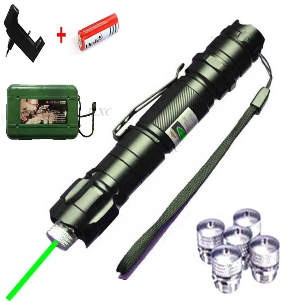 Ponteiros Hight Poderoso Ponteiro Laser Vermelho 1000m 5mw Green Dot Laser Pen 5pcs Cap Caça Match com Lasers Sight Charger + 18650 Bateria