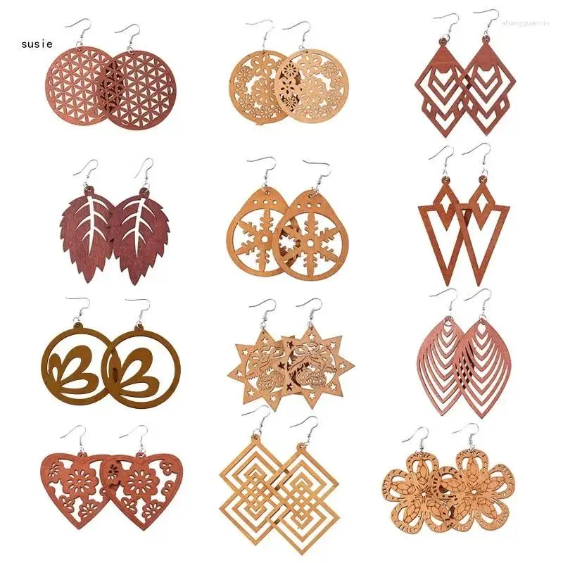 Dangle Earrings X7YA 12 Pairs Trendy Ethnic Style Wood African Wooden Drop Hollow Out Decor For Party